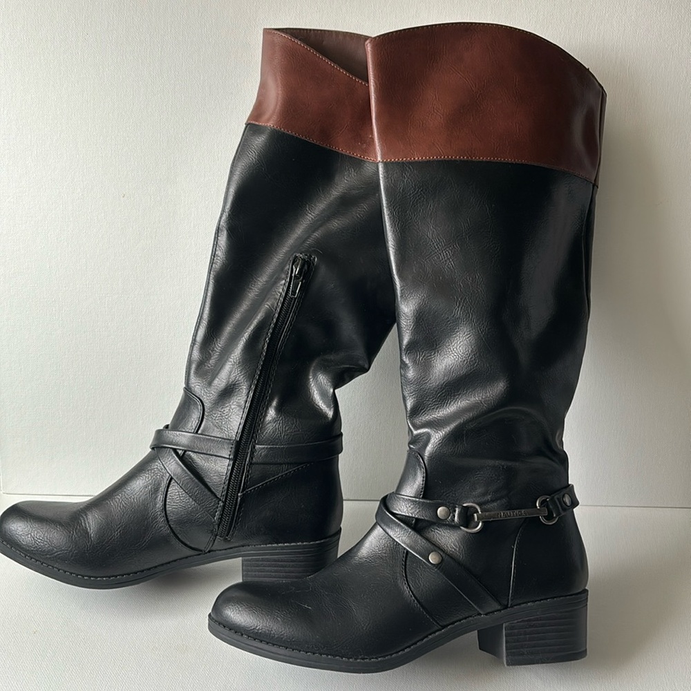 Nautica, size 6.5 knee-high boots. Black and brown.